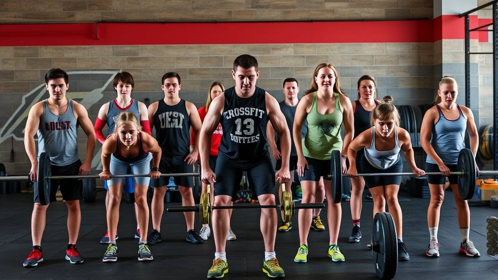Diverse group of CrossFit athletes of various ages and abilities performing scaled versions of the same workout, showing modifications and adaptations, supportive community atmosphere