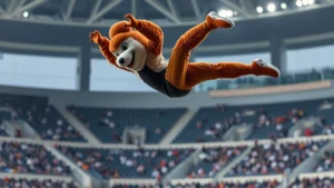 Athletic person in full-body mascot costume performing explosive backflip mid-air against stadium background, muscular definition visible, dynamic motion captured