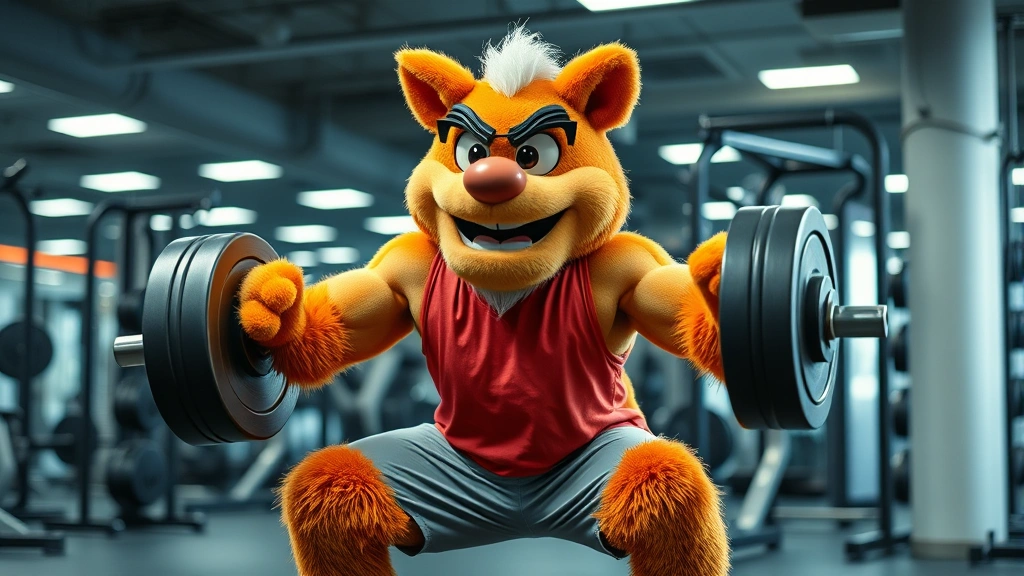 Professional mascot performer doing intense strength training at gym, performing weighted squats with perfect form, focused expression, modern fitness facility