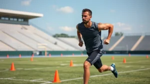 Athletic male football player performing high-intensity interval training sprinting on grass field with cones, muscles engaged mid-sprint, intense focus expression, outdoor stadium setting with clear sky