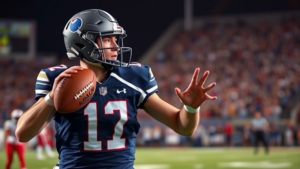 College football quarterback throwing a football mid-game, intense focus and athletic form, stadium lights in background, dynamic motion capture