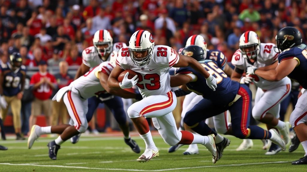 Football running back breaking through defensive line with power and determination, contact at line of scrimmage, crowd energy visible, intense athletic competition