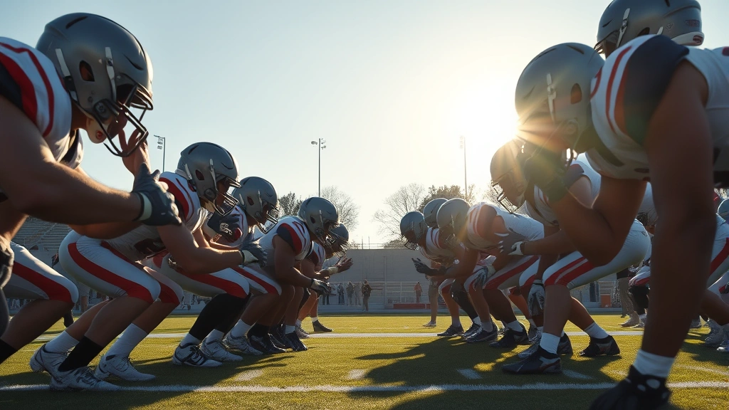 Close-up of football players in offensive line stance during practice, executing blocking techniques with intense focus, morning sunlight on field, high-definition action shot