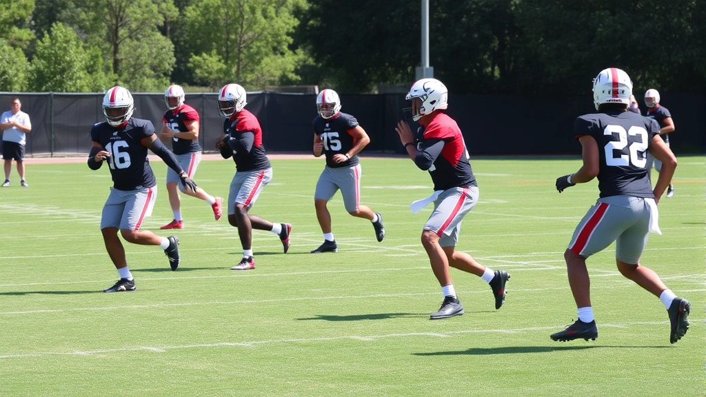 Defensive backs performing backpedal and transition drills during practice, multiple players in synchronized movement patterns, clear athletic technique demonstration, outdoor field setting