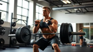 Athletic football player performing explosive barbell squat in modern university weight room, focused intensity, proper form demonstration, natural lighting from windows
