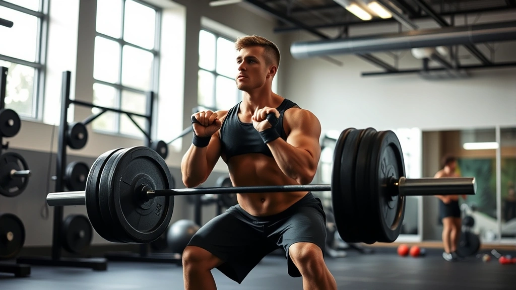 Athletic football player performing explosive barbell squat in modern university weight room, focused intensity, proper form demonstration, natural lighting from windows