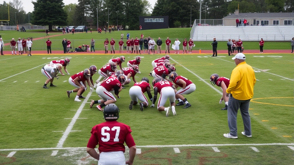 College football team executing organized defensive drill on grass field, players in proper gap assignments, coach directing from sideline, overcast Michigan weather, action-focused