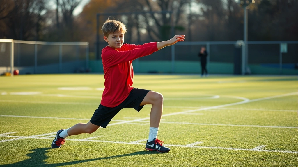 Young athlete performing dynamic stretching warm-up routine on outdoor football field before practice, movement preparation, athletic conditioning focus, early morning lighting