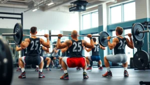 High school football players performing barbell back squats in a modern weight room with proper form, lifting heavy weights with intensity and focus
