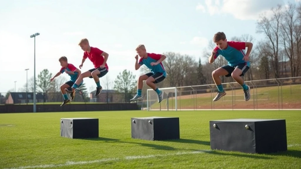 Young football athletes executing plyometric box jumps outdoors on grass field during explosive power training session, demonstrating athletic movement