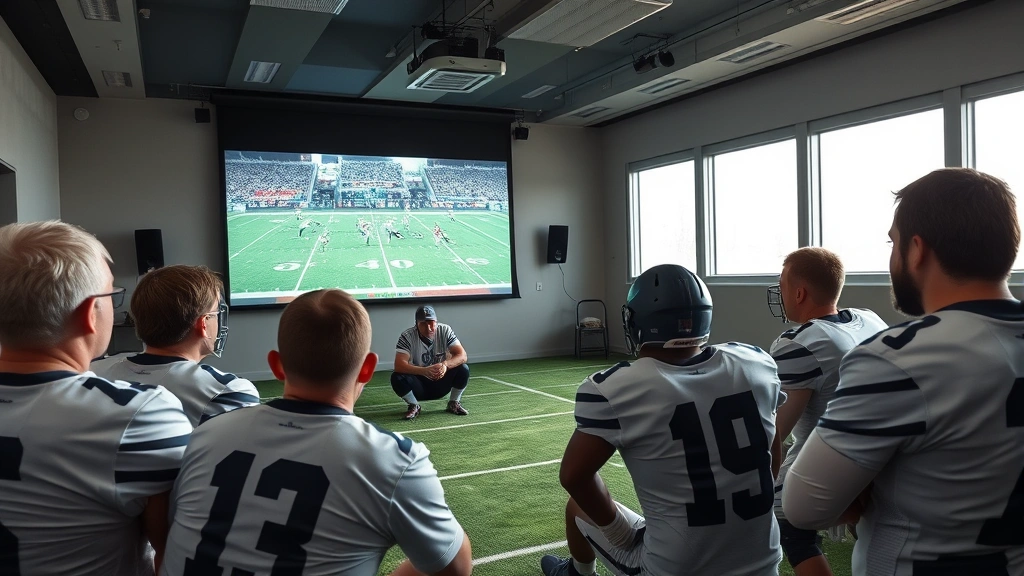 Football team gathered in film room reviewing game footage on large projection screen, coaches and players analyzing tactical strategy and performance