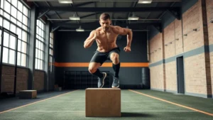 Athletic male football player performing explosive box jump with perfect form in modern training facility, high intensity explosive movement