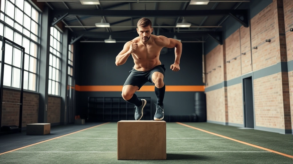 Athletic male football player performing explosive box jump with perfect form in modern training facility, high intensity explosive movement