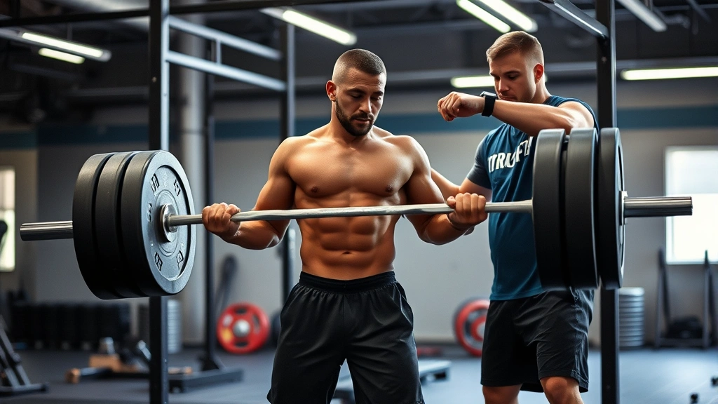 Strength coach directing athlete performing power clean Olympic lift with proper technique, dynamic explosive lifting motion