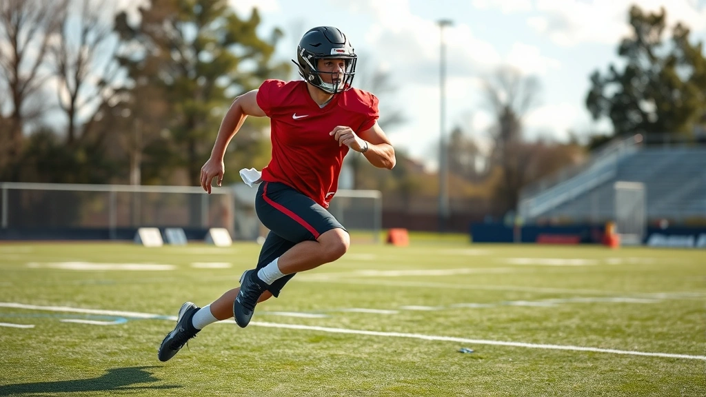 Football athlete sprinting at maximum velocity on outdoor practice field, explosive acceleration movement showing athletic performance