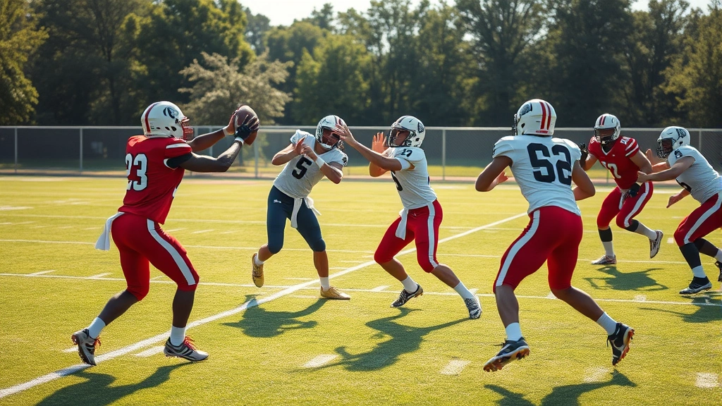 High school football team executing precision passing drill on field with quarterback and receivers in formation, photorealistic action shot showing athletic movement and focus