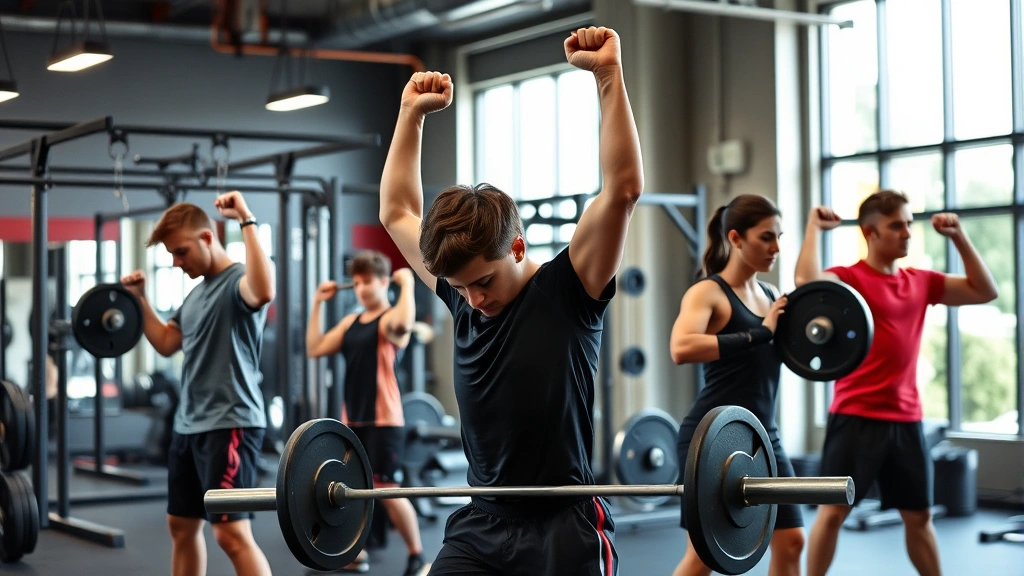 Young athletes performing strength training exercises in modern gym facility with barbells and equipment, demonstrating power development and conditioning commitment