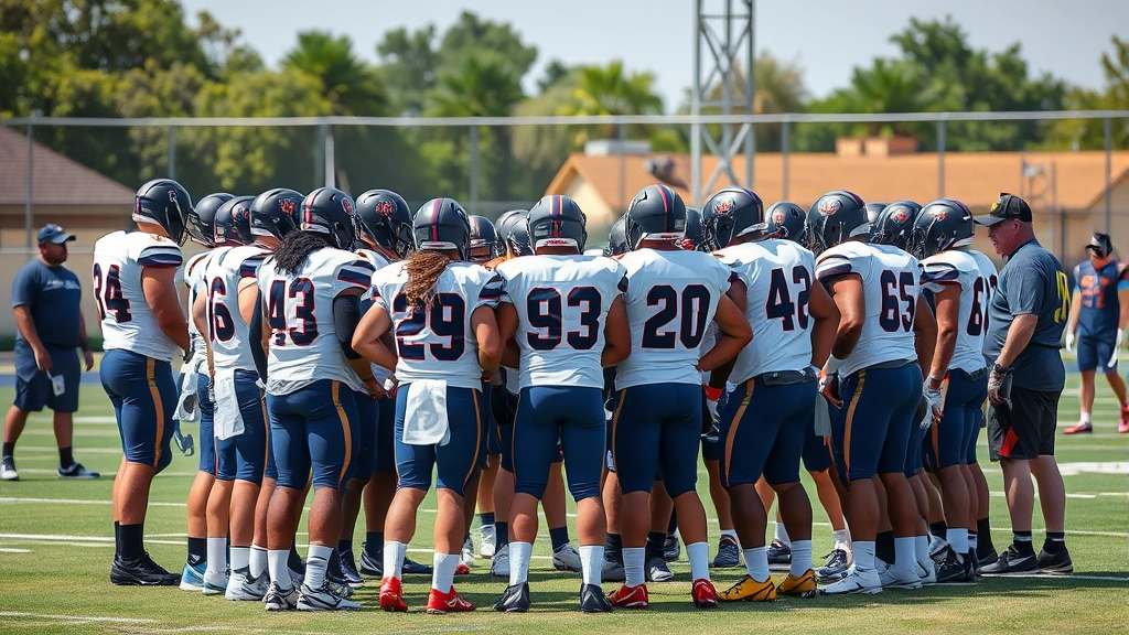 Football players in huddle formation showing teamwork and communication during practice, intense focus on field with coach directing from sideline