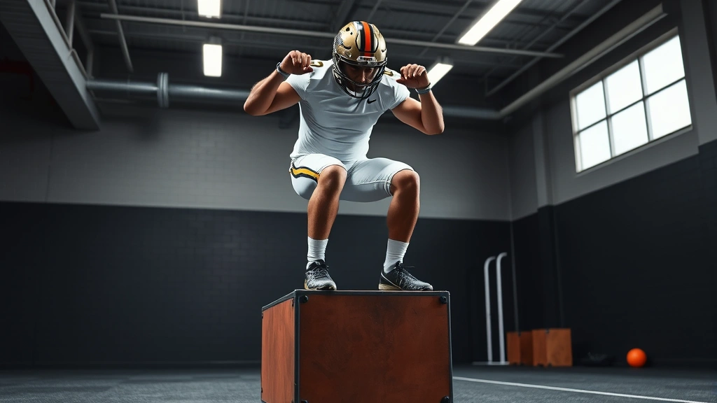 Professional college football player performing explosive box jump in modern training facility with dark flooring and bright overhead lighting, intense focus and athletic power displayed