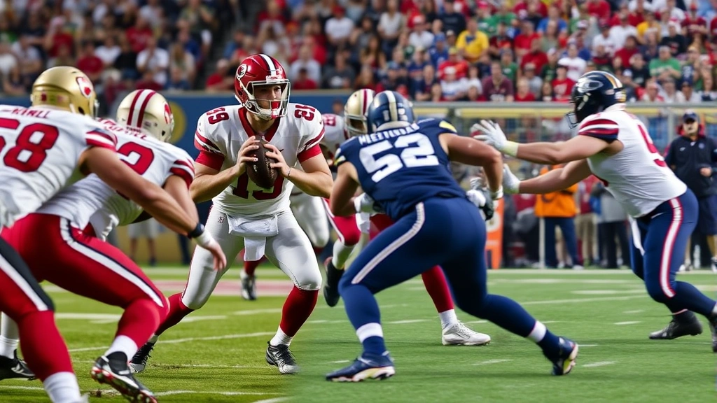 Football quarterback in pocket under pressure from defensive line, split-screen showing two different team uniforms executing passing plays, dynamic action photography