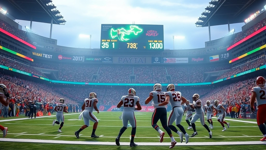 Team statistics visualization on field, scoreboard showing yards and points, celebration moment after successful drive, crowded stadium atmosphere during big play