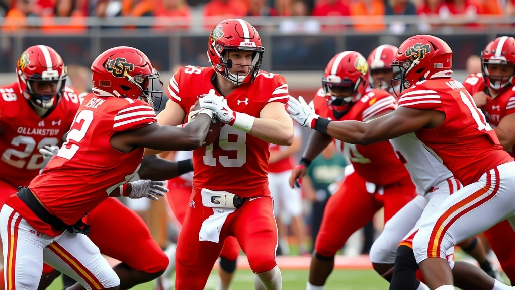 Oklahoma State football defensive line executing aggressive pass rush during game, players in crimson uniforms pursuing quarterback, intense competitive action photography