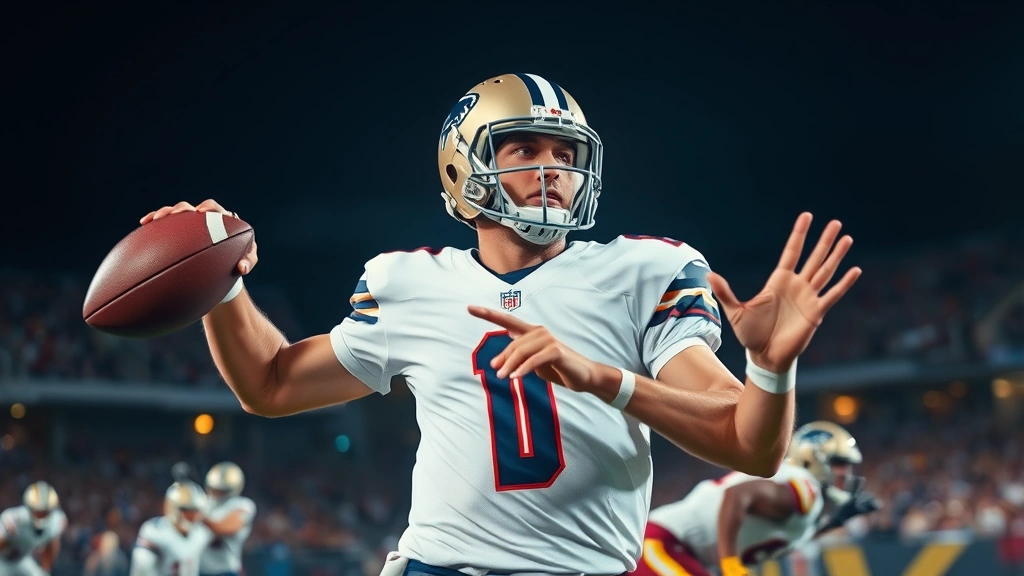 Professional quarterback in mid-throw motion during nighttime stadium game, stadium lights illuminating player in sharp focus, opposing defenders blurred in background, sweat visible on uniform, dramatic athletic moment captured in high definition