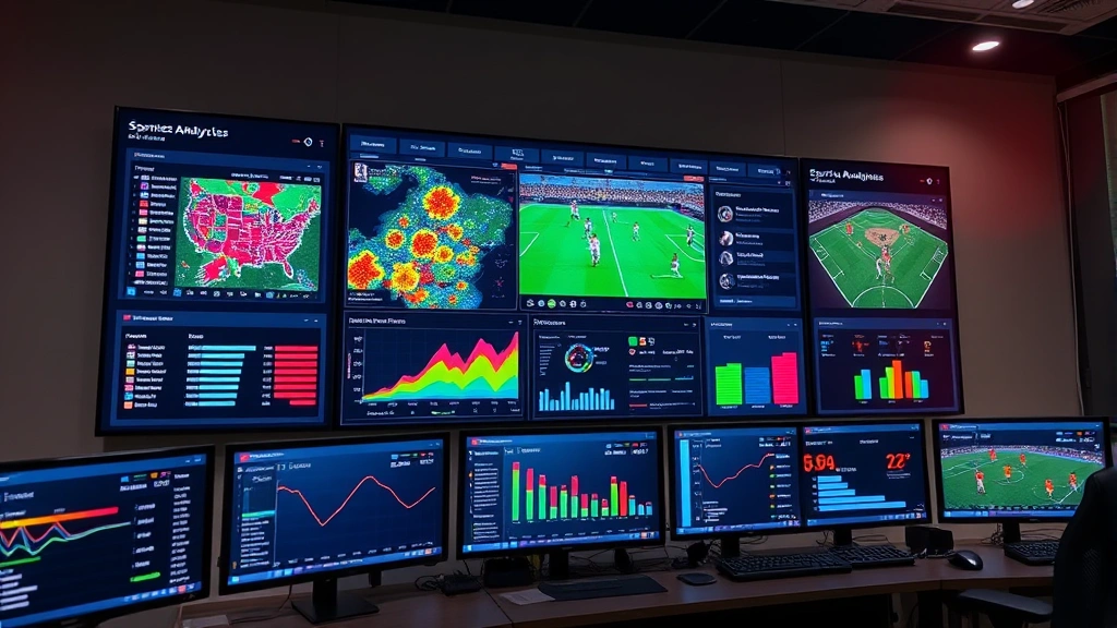 Advanced sports analytics dashboard displayed on large monitor showing real-time player tracking data, heat maps, and performance metrics with vibrant colored visualizations, professional control room environment with multiple screens