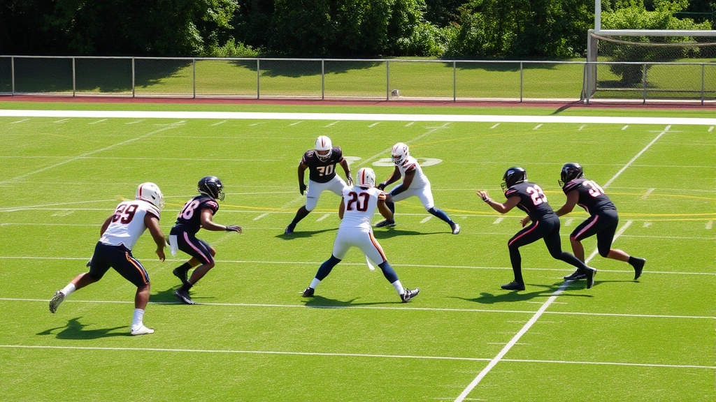 Defensive players executing coordinated coverage scheme on football field, multiple defenders positioning strategically with focus on spatial awareness and communication, green field clearly visible, professional game action in afternoon sunlight
