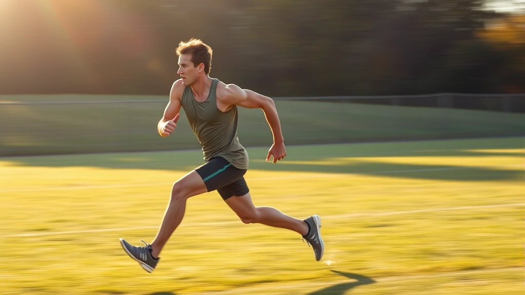 Athletic male sprinting at maximum intensity on grass field, muscles engaged, dynamic motion blur, morning sunlight, professional sports photography