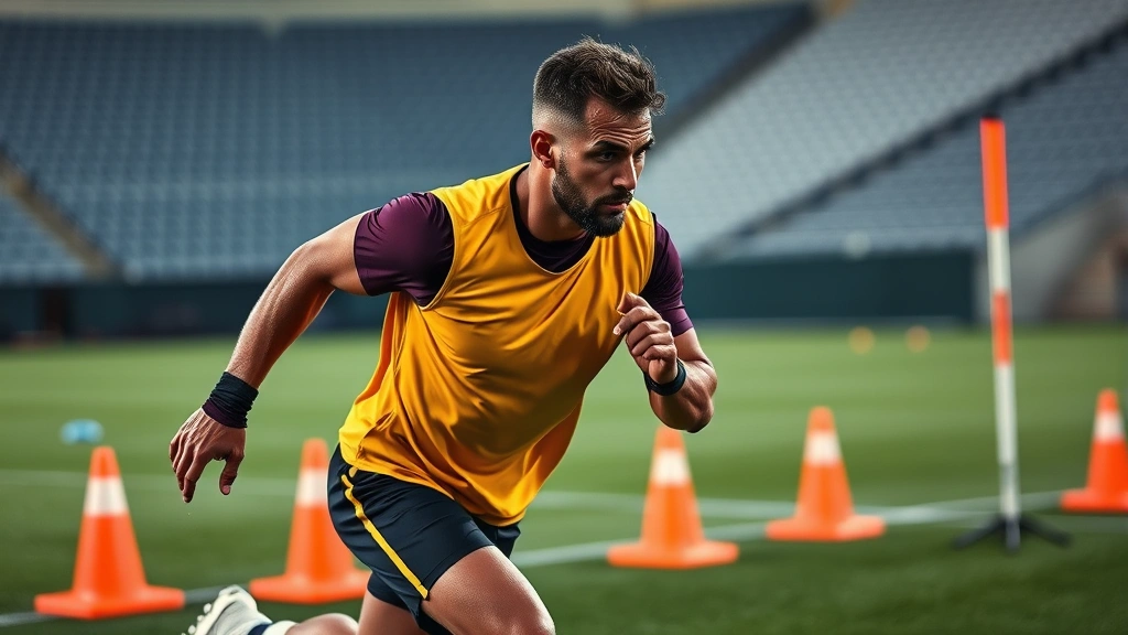 Football player performing high-intensity interval training with explosive movements, sweat visible, focused expression, training cones setup, stadium background