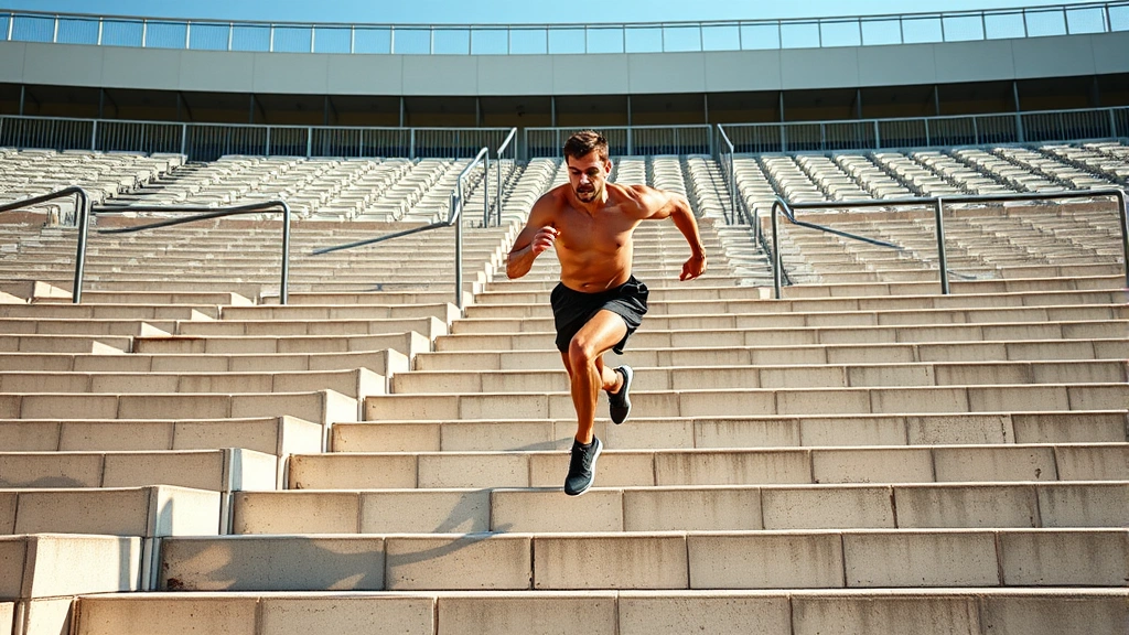 Athletic male sprinting up outdoor concrete stadium stairs with intensity, muscles engaged, natural daylight, wide angle showing multiple rows of seating behind him, energetic motion captured