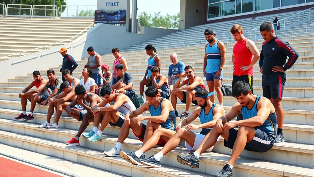 Mixed group of athletes recovering on stadium steps after intense training, sitting and standing in athletic wear, outdoor venue, natural lighting showing fatigue and accomplishment