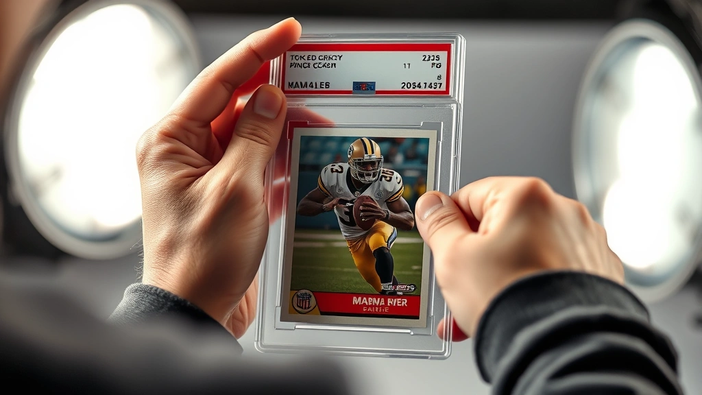 Collector carefully inserting graded football trading card into protective sleeve using archival materials, hands positioning card in top loader, studio lighting, professional setup