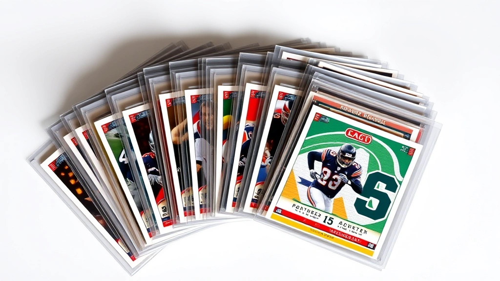 Organized display of multiple rare numbered parallel football cards fanned in protective sleeves showing color variations and numbered editions, premium condition cards, studio photography