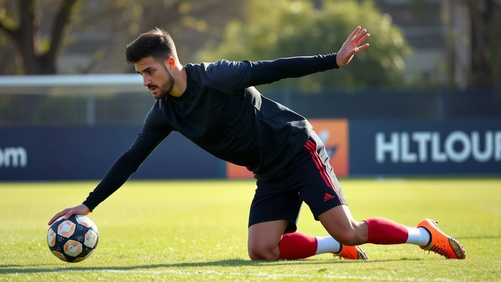 Football player performing dynamic stretching and mobility work on grass field, flexibility training, athletic wear, professional training environment, recovery and conditioning focus