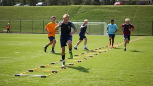 Young football players performing agility ladder drills on grass field, focused on footwork technique, bright daylight, multiple athletes in action