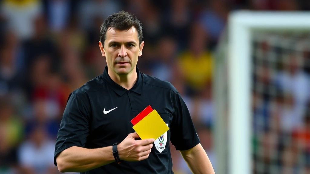 Professional football referee in black uniform holding yellow and red cards while monitoring match play on grass field, intense focused expression, dynamic action background