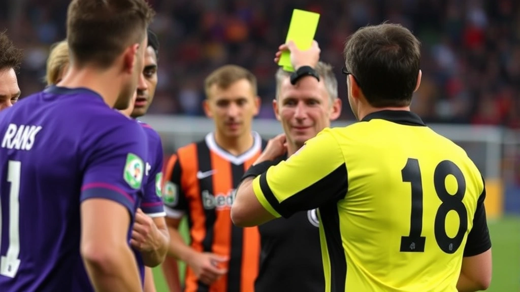 Close-up action shot of referee issuing yellow card to player during competitive football match, showing card clearly visible, players surrounding referee, emotional intensity
