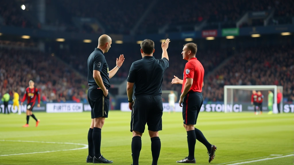 Referee communication with assistant officials during football match, showing tactical positioning and coordination between match officials, modern stadium setting