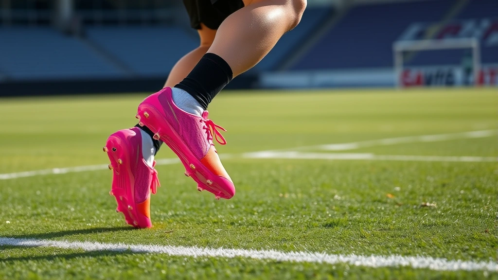 Professional football player in action wearing bright pink cleats on grass field, dynamic movement captured mid-stride during practice, showing foot placement and agility, natural stadium lighting, photorealistic