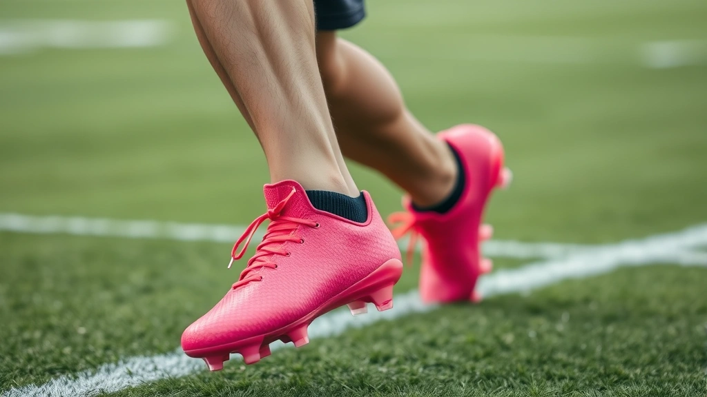 Close-up of high-quality pink football cleats on player's feet during intense training drill, cleats visible against grass field, athlete in motion demonstrating footwork precision and control, detailed equipment focus