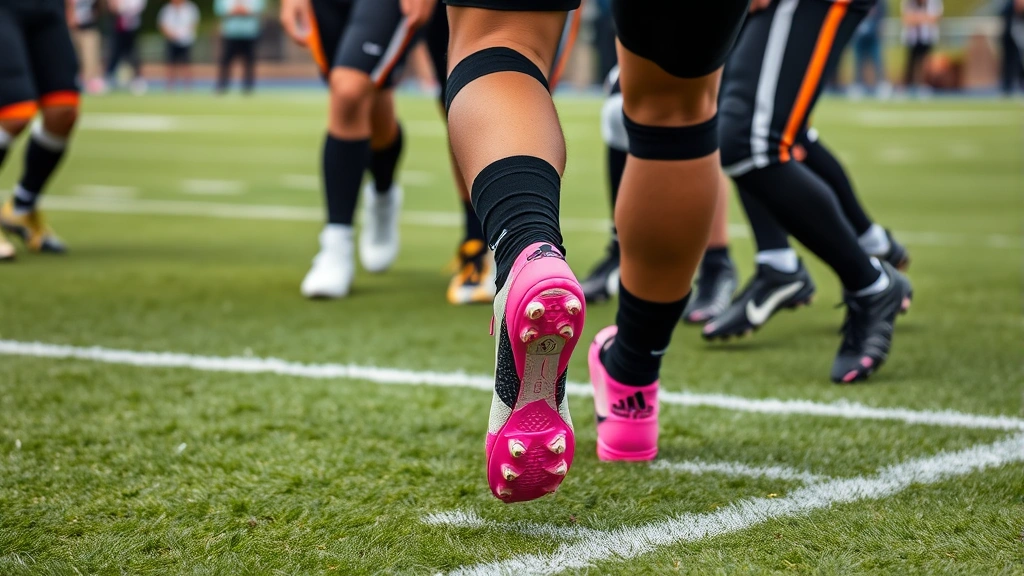 Team of football players on field with one athlete wearing distinctive pink cleats, showing visibility contrast against grass and other equipment, group dynamic during competitive play, authentic game-day atmosphere