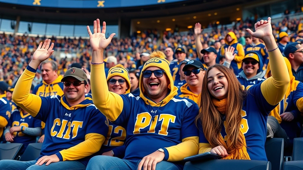 Enthusiastic Pitt Panthers football fans wearing blue and gold in stadium seats during daytime game, showing team spirit and excitement