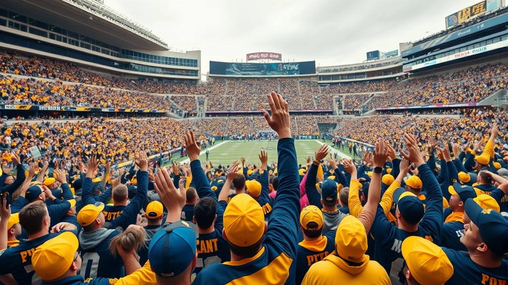 Wide-angle view of Heinz Field packed with enthusiastic Pitt Panthers fans wearing blue and gold, hands raised during an exciting moment