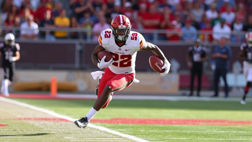 College football running back executing powerful rushing attack with perfect form, determination, and explosive leg drive