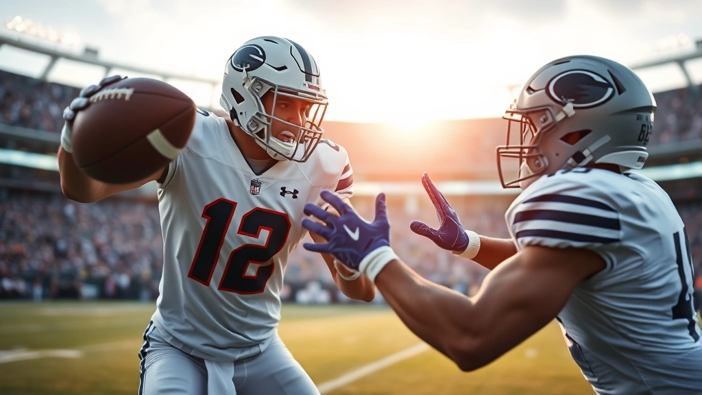 Defensive back executing perfect coverage technique with intense focus during live football competition, hands active defending pass