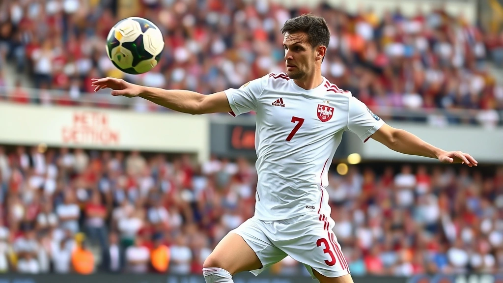 Professional footballer in white Poland national team jersey executing precise passing during international match, stadium crowd blurred background, dynamic action shot showing technical skill