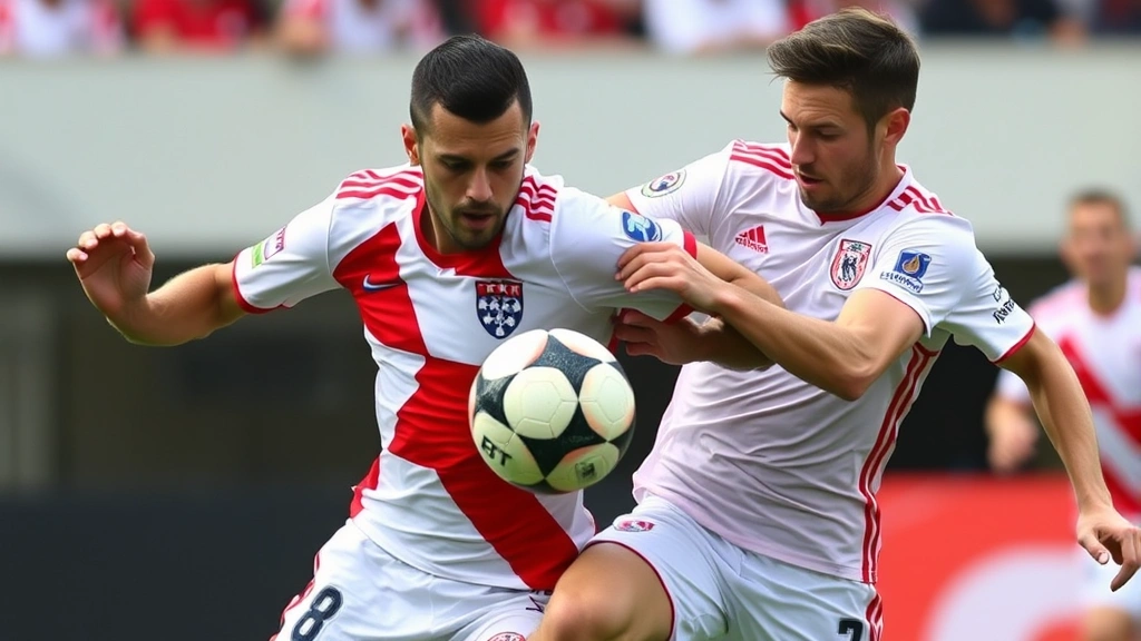 Intense midfield battle between two footballers, one in red and white Croatian jersey, one in white Polish jersey, fighting for ball possession, competitive intensity captured in facial expressions