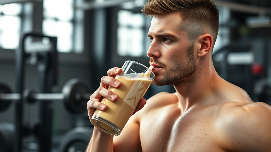 Athletic male fitness enthusiast drinking protein shake immediately after intense weightlifting session in modern gym, muscular definition visible, focused expression, natural lighting from gym windows
